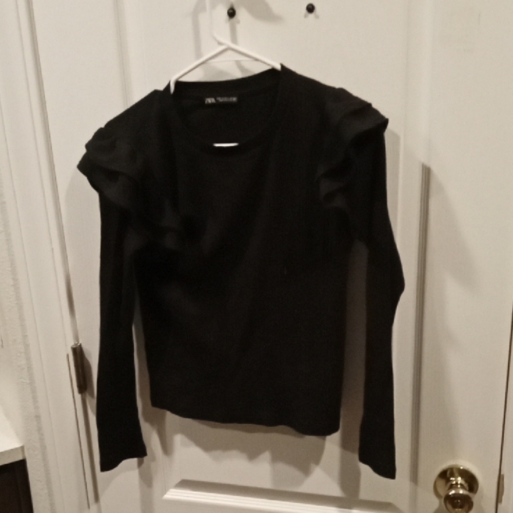 Black Ruffled Shoulder Long Sleeve Top NWOT